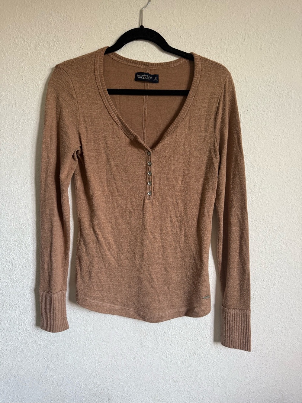Abercrombie & Fitch Women's Long Sleeve Henley Top in Camel Brown